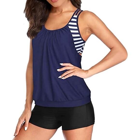 Holipick Women's Plus Size 20W  Blouson Navy Blue & White Tankini‎ Swim Top - Picture 1 of 4